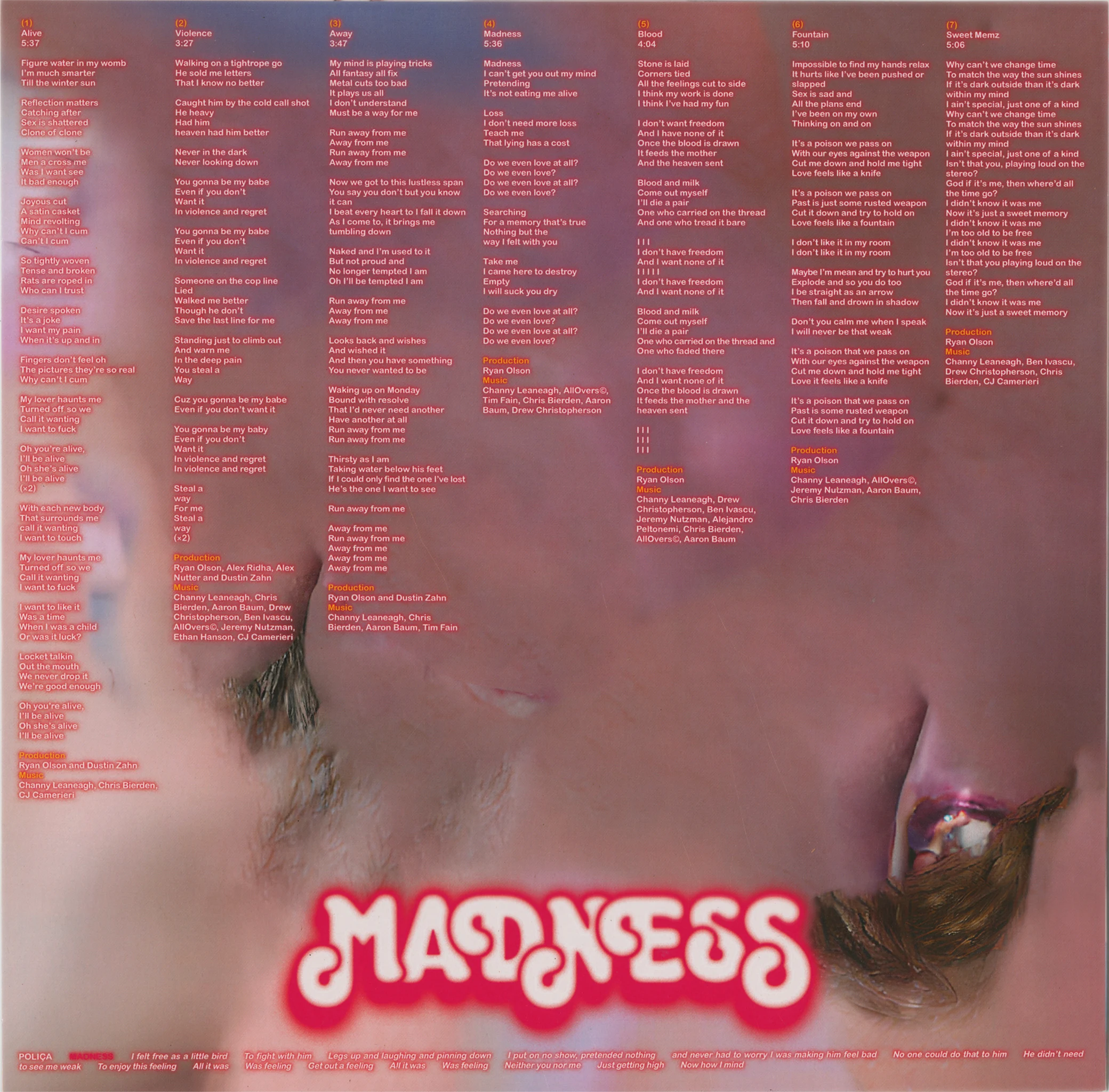 Back of a vinyl record sleeve for Madness by Poliça